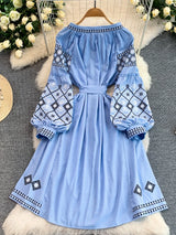 Retro Embroidered Belted round Neck Dress Women's Loose A-Line Midi Skirt Spring Summer Fashion City Commute Casual Dress