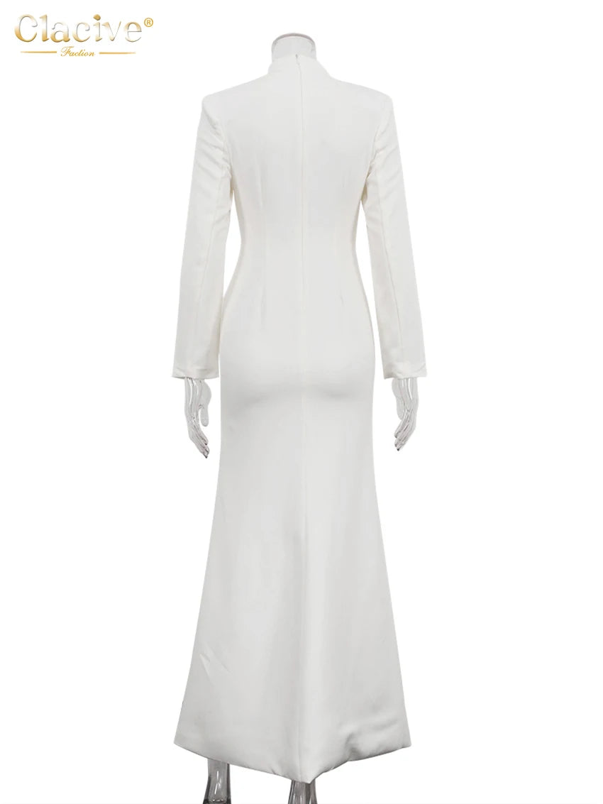 Clacive Sexy Slim White Women's Dress 2025 Fashion V-Neck Long Sleeve Ankle Length Dresses Elegant Classic Slit Female Dress