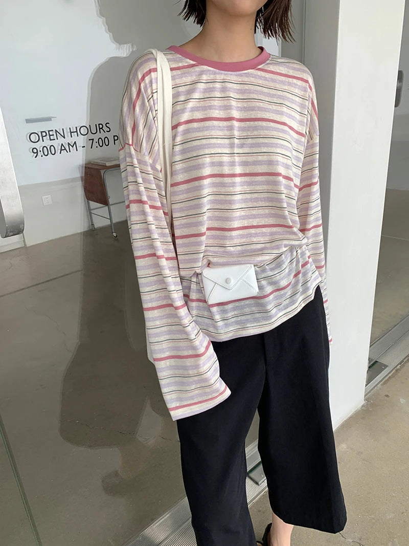 Spring and Summer Women's Casual Contrasting Color Round Neck Long Sleeved Striped Sunscreen T-Shirt