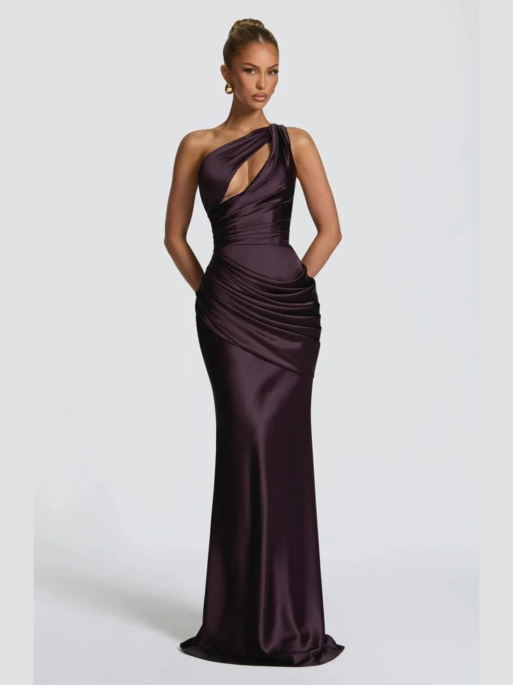 Solid Satin Cowl Neck Women's Dress Elegant Sleeveless Ruched Waist Fishtail Bodycon Lady Vestido 2026 Summer Party Dresses