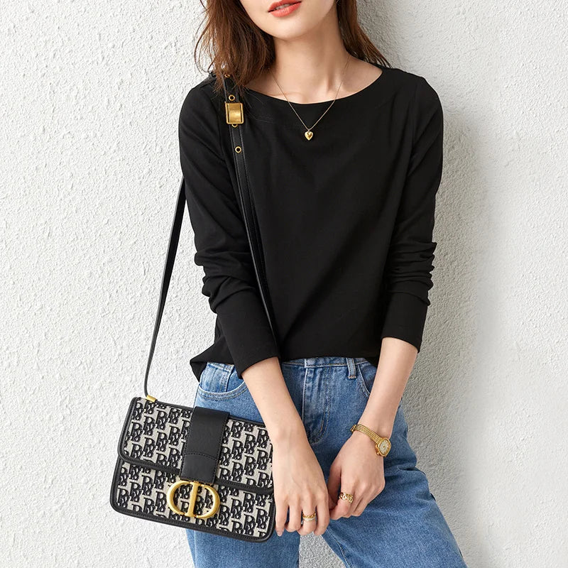 SENTUBILA Women's Cotton T-shirts 2026 Spring Autumn Simlple Long Sleeve Top Solid Basic Tee Shirts Female Pullovers 143T57728X