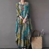 SuperAen 2022 New Loose Printed Cotton Linen Round Neck Long Sleeved Vintage Oversize Dress Women Boho Long Maxi Dress