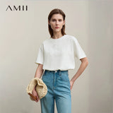 Amii Women's T-Shirt 2026 Summer New Round Neck Drop Shoulder Cotton Tee Lace Embroidered Woman Loose Fit Knit Tops 12622048