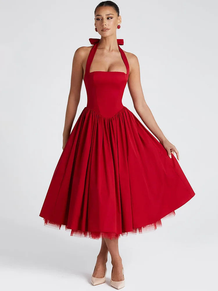 Mozision Halter Backless A-line Club Midi Dress Women Fashion Elegant Square Collar Sleeveless High Waist Party Pleated Dress
