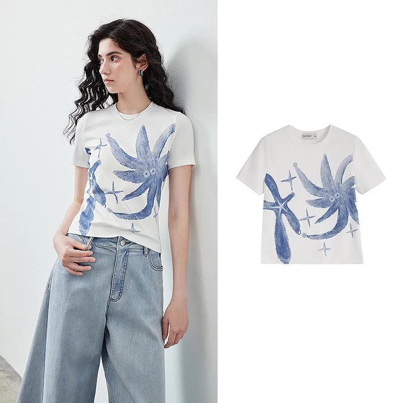 TOYOUTH women's Lyocell Cool Touch T-shirt 2026 Spring New Art Collaboration Slim Fit Short Sleeve Tops