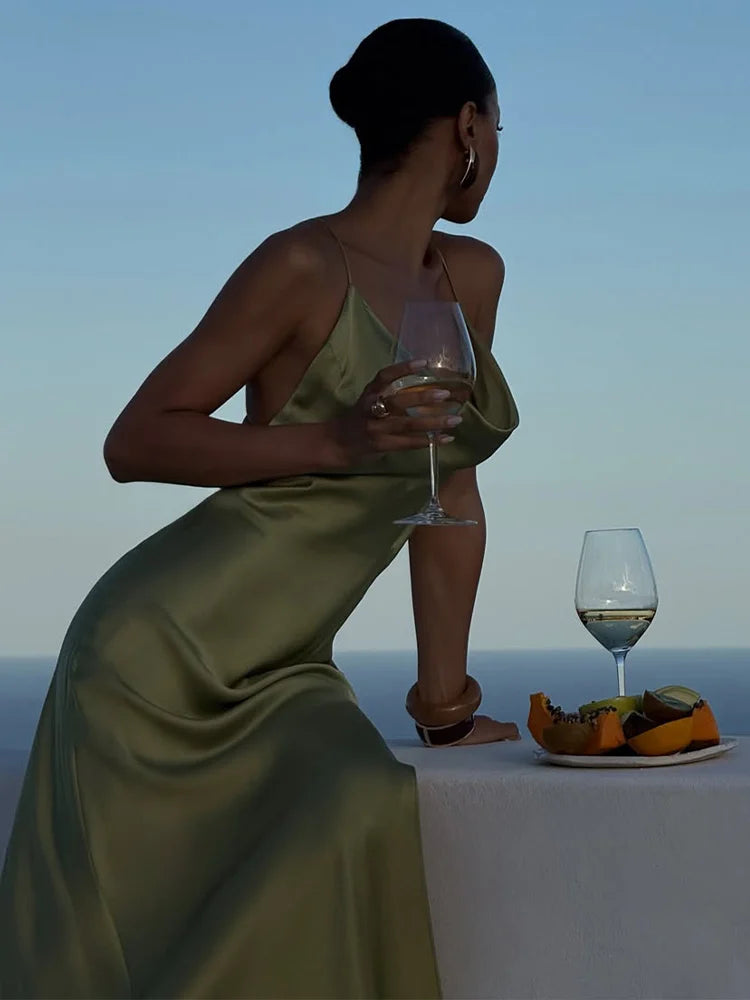 Sexy Satin Ruffles Sling Long Dress Women Ribbon Sleeveless Backless Split Dresses Lady 2026 Summer New Party Club Robes