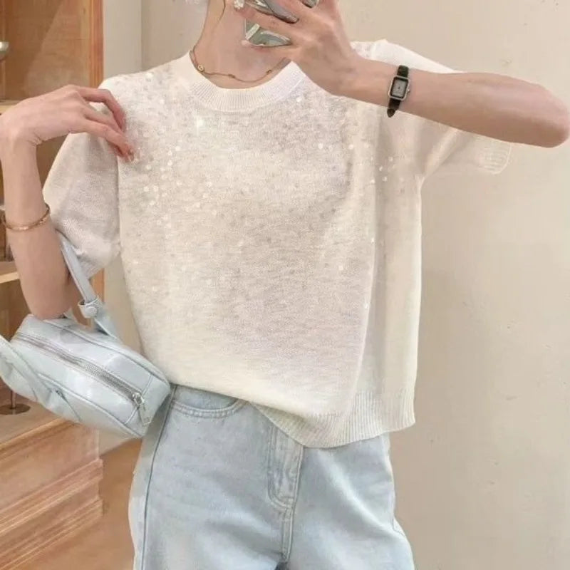 OCEANLOVE Knitted T-shirts Solid Sequins Thin Spring Summer Elegant T Shirt for Women Korean Fashion Loose Sweet Ropa De Mujer