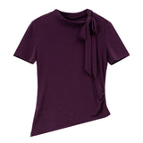 VIMLY Women's Summer T-Shirt 2026 Elegant Fashion Ladies Tee Adjustable Bow Tie Asymmetrical Hem Slim Fit Short Sleeve Top A5210