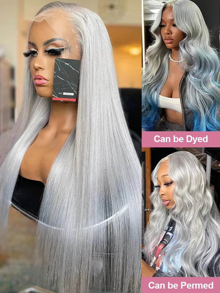 40 42 Inch Silver Grey Colored Bone Straight Lace Front Human Hair Wigs Silky Hair HD Transparent 13x6 13x4 Lace Frontal Wigs For Women Brazilian Real Virgin Hair Wigs Pre Plucked 250% Density High Quality