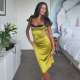 Sexy Satin Sleeveless Slip Midi Dress for Women Elegant Bodycon Evening Cocktail Dresses 2026 New Female Party Clubwear Outfit