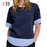 CH Metal Logo Short Sleeve T Shirt Women Stripe Patchwork Fake Two Piece Drop Shoulder Loose Fit Casual Daily Tops