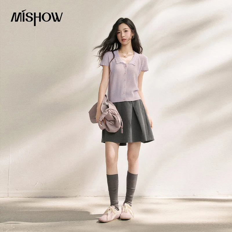 MISHOW New Linen Blended Collar Knitted T-shirt Short Sleeved Women's 2026 Summer Wave Edge Casual Short Thin Top MXF21Z3105