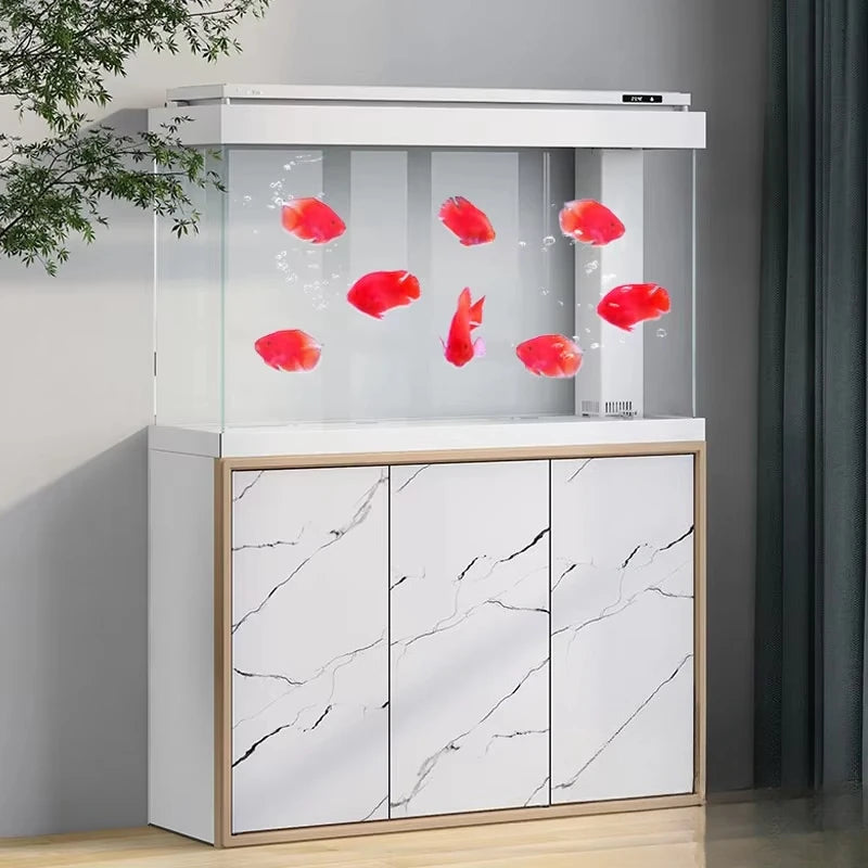 All-in-One AquariumNew Modern Luxury Marble-patterned Ultra-clear Glass Large Cabinet Bottom-filter Fish Tank Smart Aquarium For