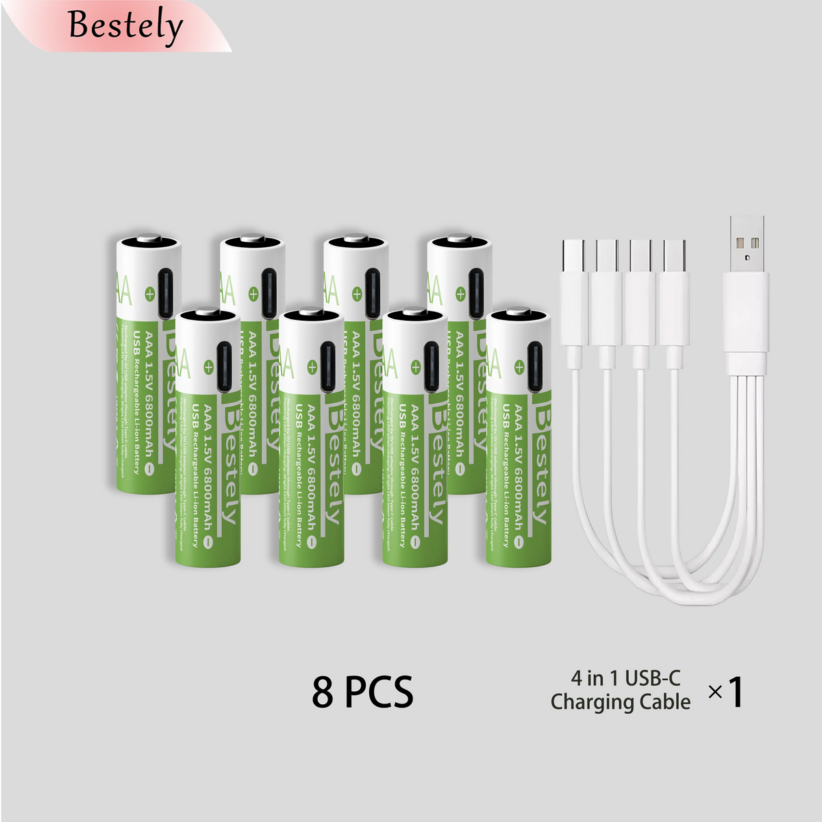 Bestely 1.5V/AAA 6800mAh High Capacity Rechargeable Lithium Batteries Type-C /USB AAA Li-ion Battery 2000 Times/Cycle with Cable