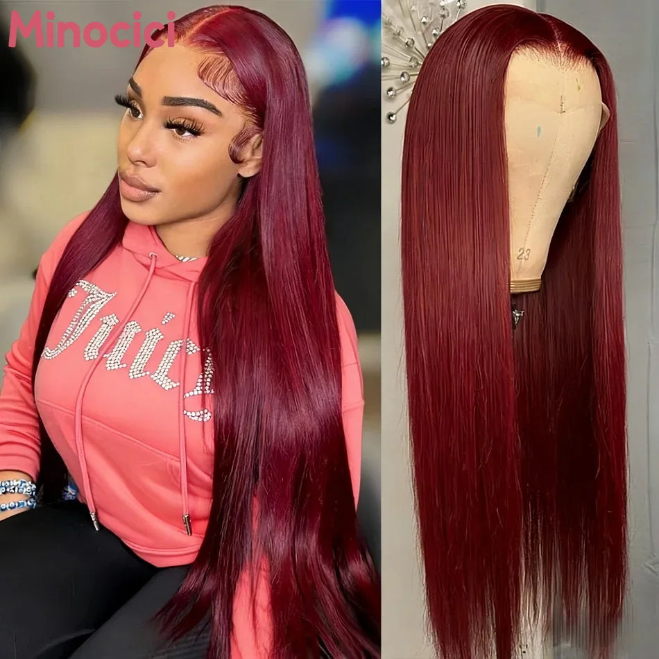 13X6 Hd Lace Frontal Wig 99J Burgundy Straight Human Hair Wigs 100% Preplucked Brazilian Colored Lace Front Wig 220 Density 36In