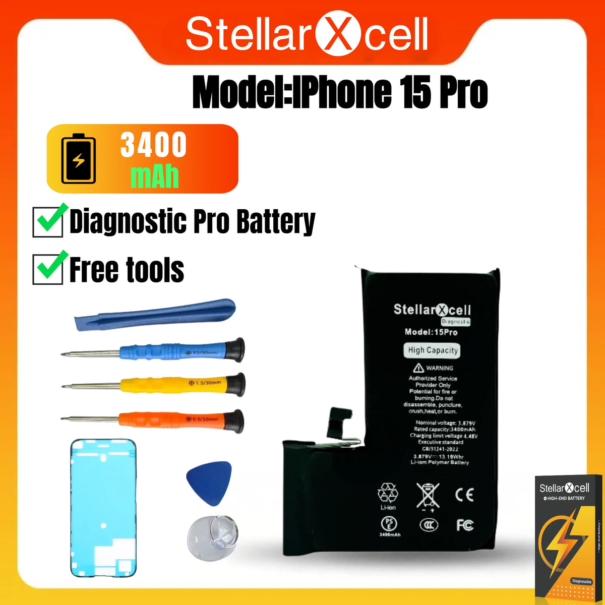 StellarXcell Diagnostic Battery Show Genuine Part No Pop Up Message for iPhone 12mini 13Pro 14Plus 15Promax Battery Replacement