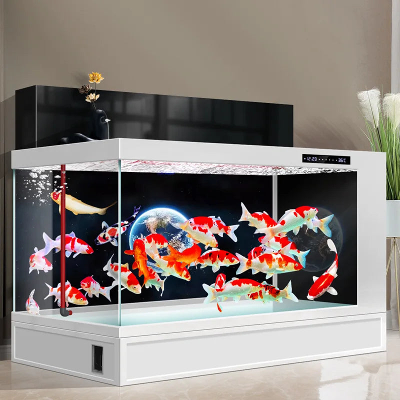 All-in-One AquariumUltra White Glass Side+Top Filtering LED Lights One Click Drainage Touch Screen Display Rectangle Aquarium Bu