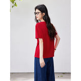 VIMLY Women's Casual Versatile Red T-Shirt 2026 Summer New Office Fashion Fun Pony Embroidery Crew Neck Short Sleeve Top A6279