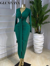 GLCMYAYA Women Long Sleeve Bowknot Deep V-neck Bodycon Midi Maxi Dress 2026 Birthday Holiday Party Trendy Long Dresses Vestidos
