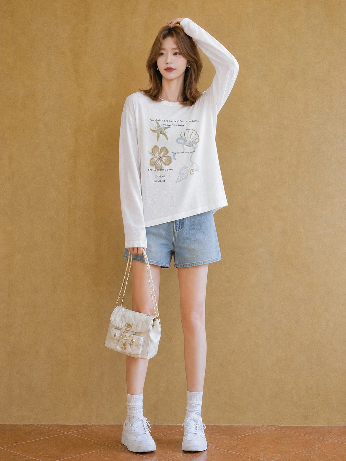 XIAOGULI Women's Off Shoulder T-shirt 2026 Autumn Starfish Print Korean Style Cotton Loose Fit Irregular Chiffon Ruffle Hem Top