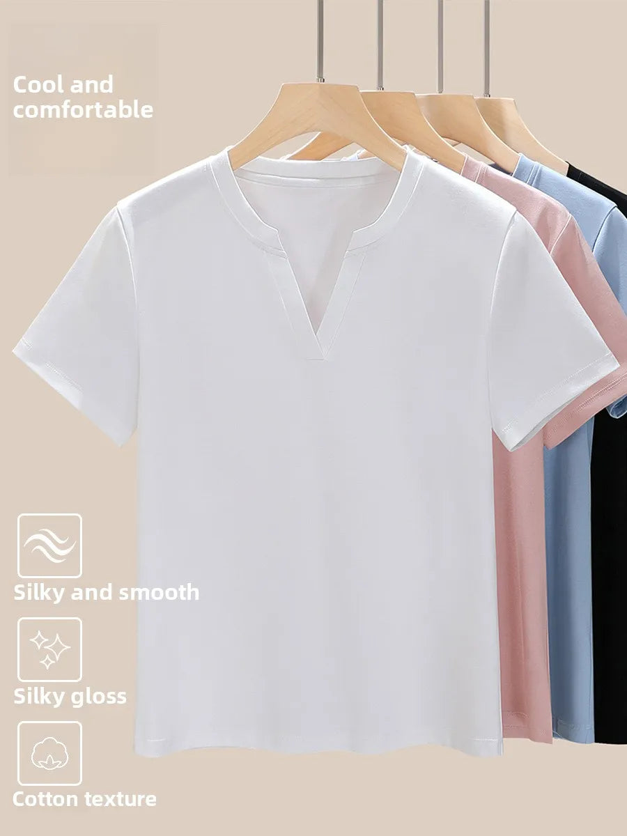 Women's 80s Double-Sided Mercerized Pima Cotton V-Neck T-Shirt 2025 Summer Oversized Slim Fit Soft Breathable Casual Comfy Top