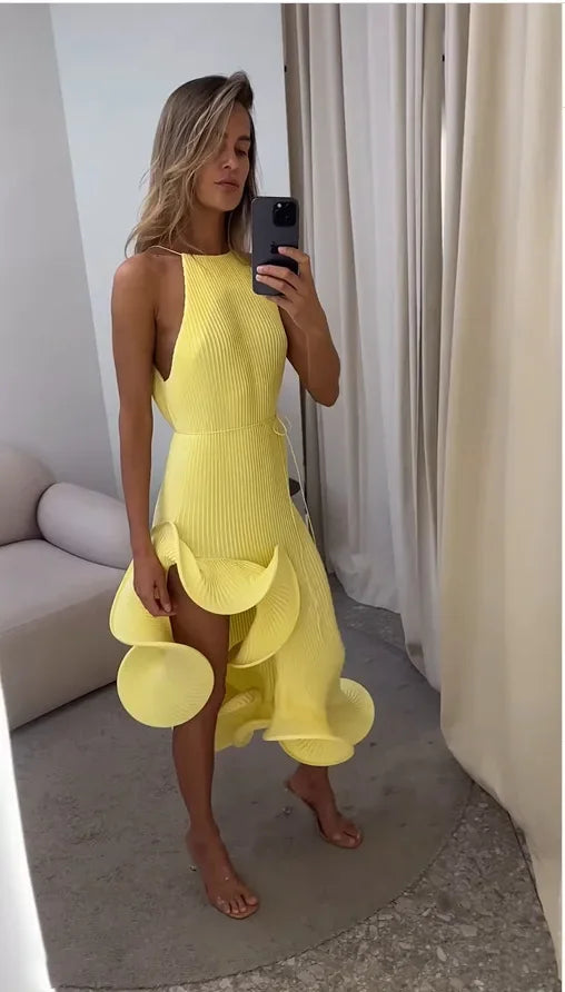 Women Romantic Yellow Halter Maxi Dress Chic Ribbed Knit Ruffled High-slit Slim-fit Vestido 2026 Spring Trendy Fashion Robes
