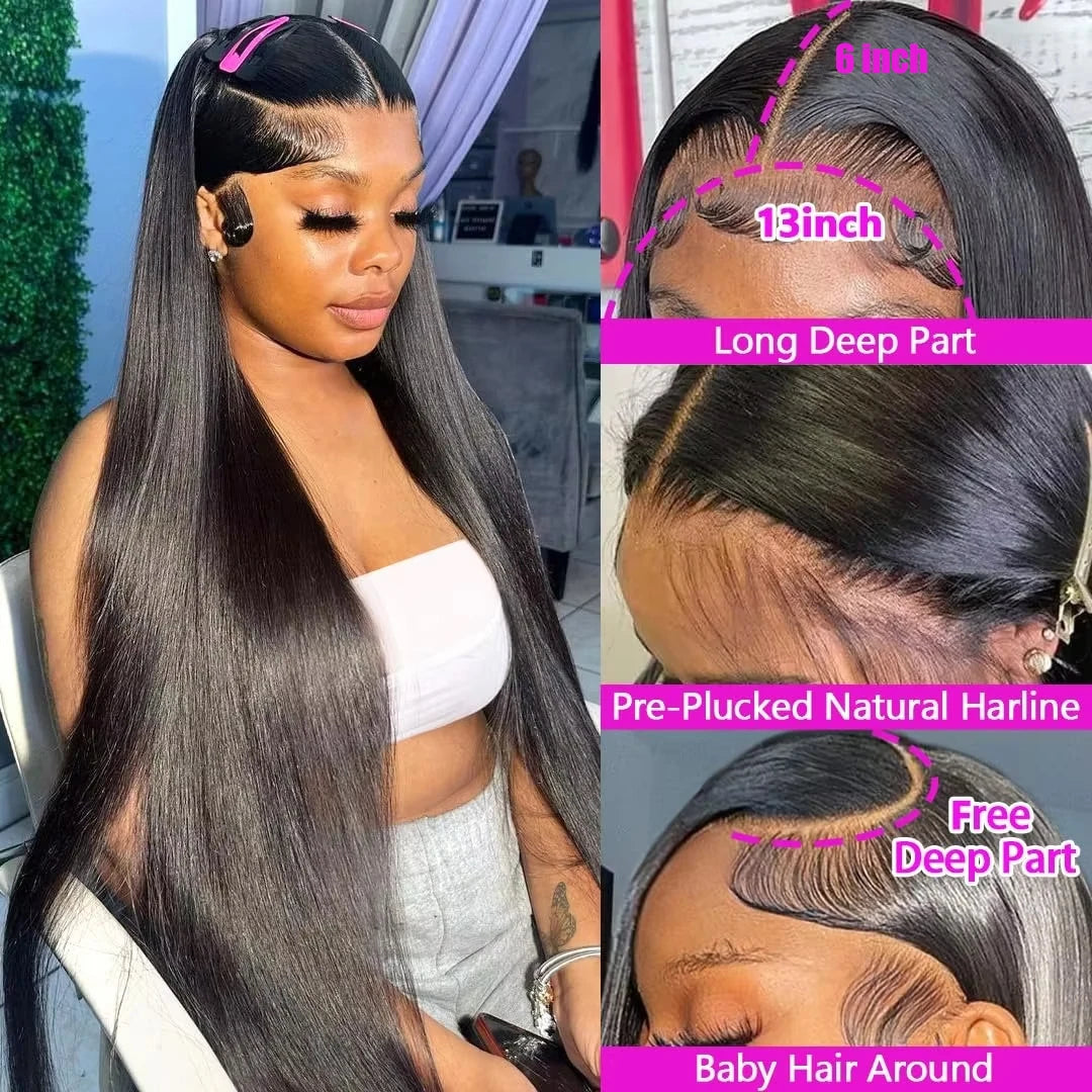 220% Hd Transparent 360 Full Lace Front Wig 40 Inch Pre Plucked Brazilian 13x6 Hd Lace Frontal Wig Bone Straight Human Hair Wigs