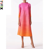 YUDX Miyake Elegant Gradient Pleated Dress Turtleneck Full Sleeves Pink Orange Fashion Mid-Calf Dresses For Women 2025 New