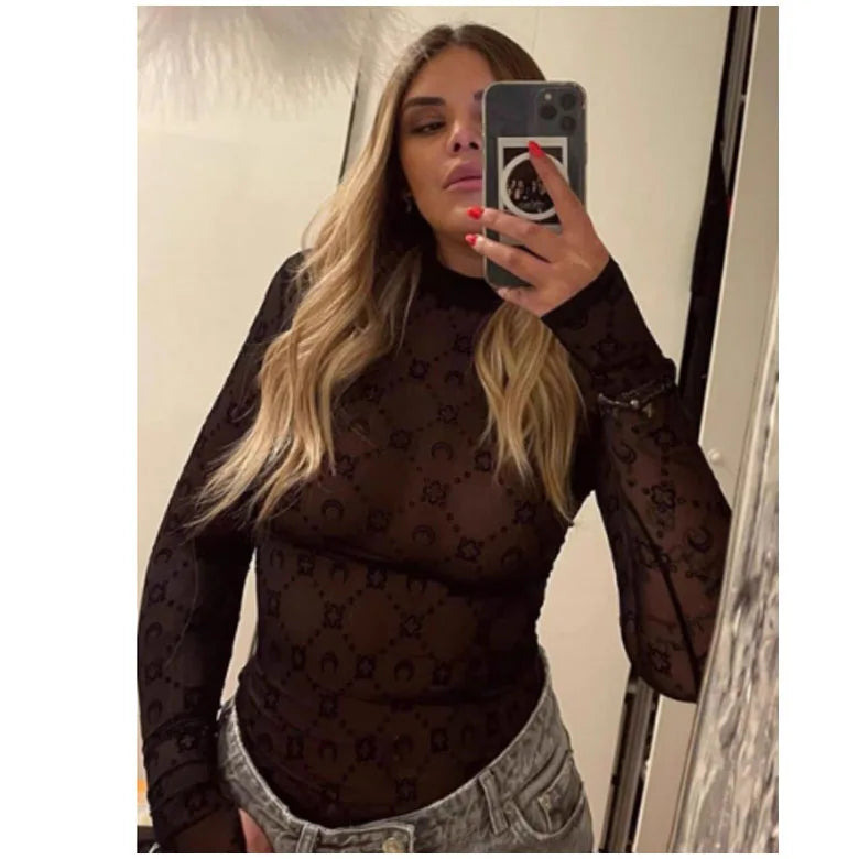 Sexy Top Women Long Sleeve Korean Sweet Spicy Hollow Out Mesh Plush Moon Print Perspective Design Mushroom Edge Tight Tshirt