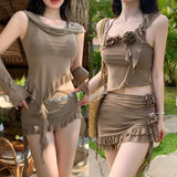 New 4 Pieces Bikini Set Swimsuit Women Brown Swimwear with Ruffle Sarong Skirts Sleeves Cover Up Beachwear Korea Bathing Suit