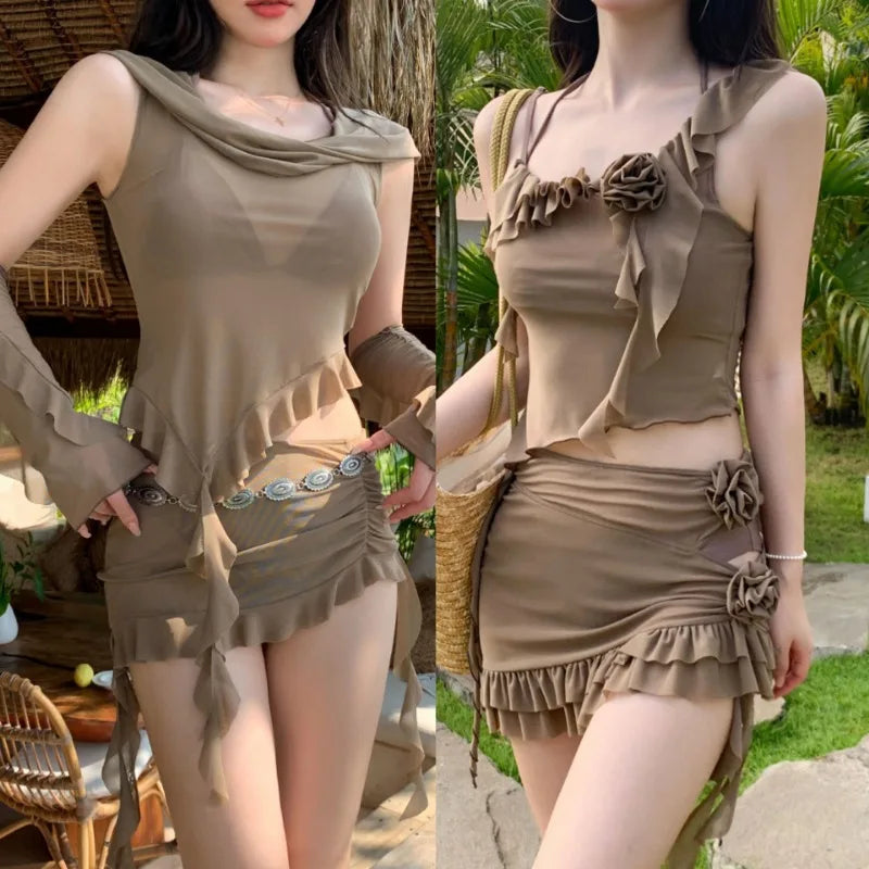 New 4 Pieces Bikini Set Swimsuit Women Brown Swimwear with Ruffle Sarong Skirts Sleeves Cover Up Beachwear Korea Bathing Suit
