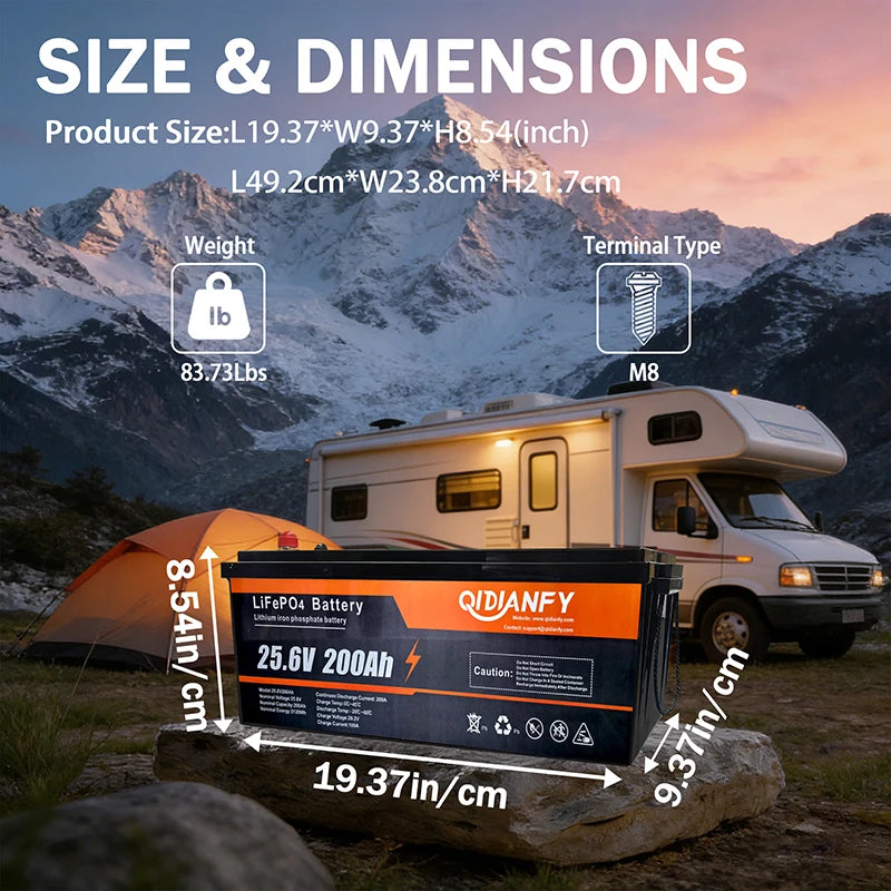 Qidianfy 25.6V 200Ah LiFePO4 Battery Built-in 200A BMS 5120Wh Capacity Rechargeable Lithium Battery for Solar Off-grid System RV Home Backup Energy