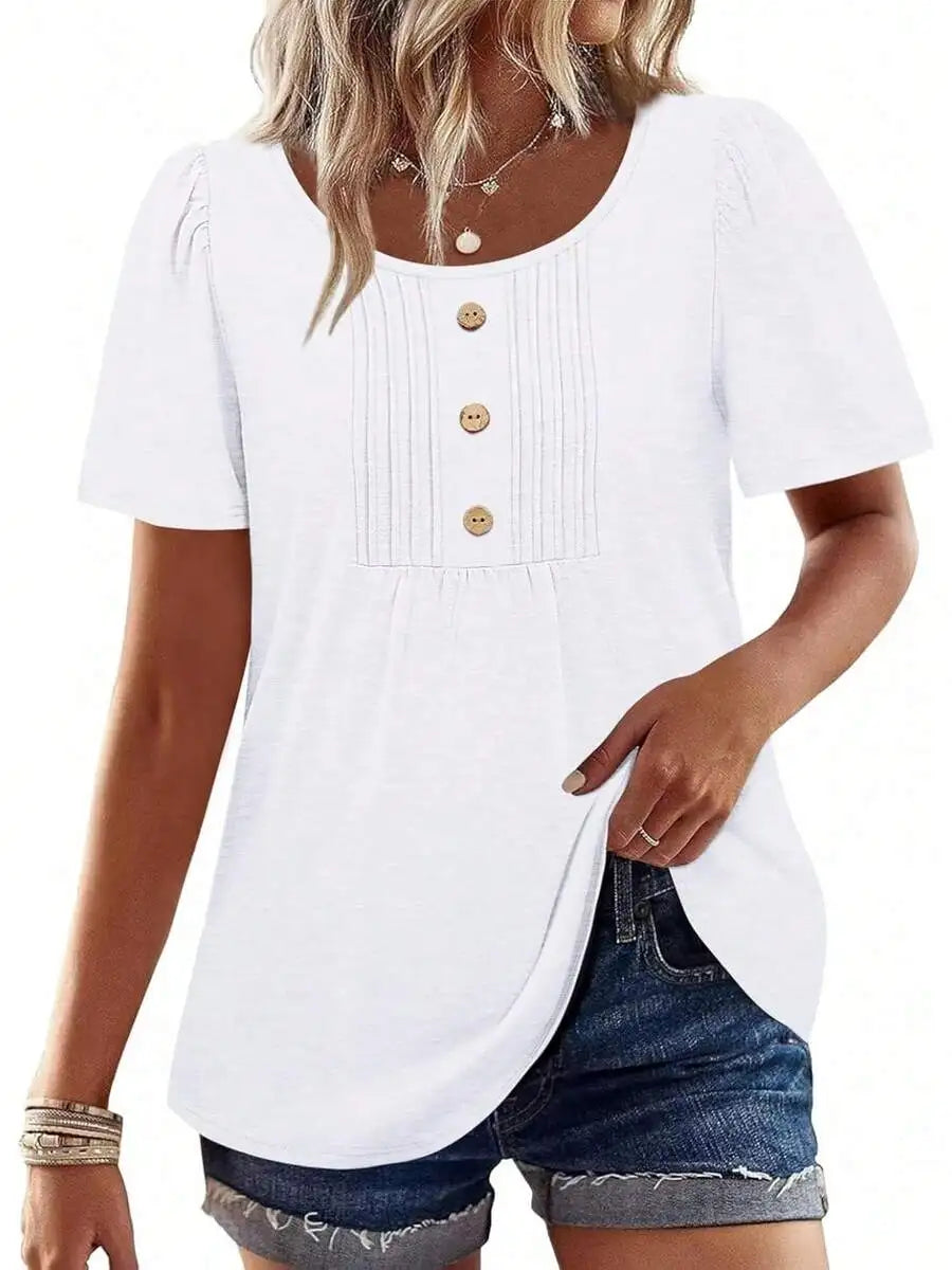 Womens Casual Short Sleeve Top With Snowflake Print Front Button Pleated Design