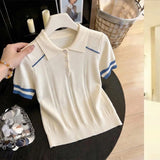 Women's Clothing Cool Silk T-shirt Summer Loose Knit Stripe Short Sleeve Casual Tee Lady Versatile Turn-down Collar Pullover Top