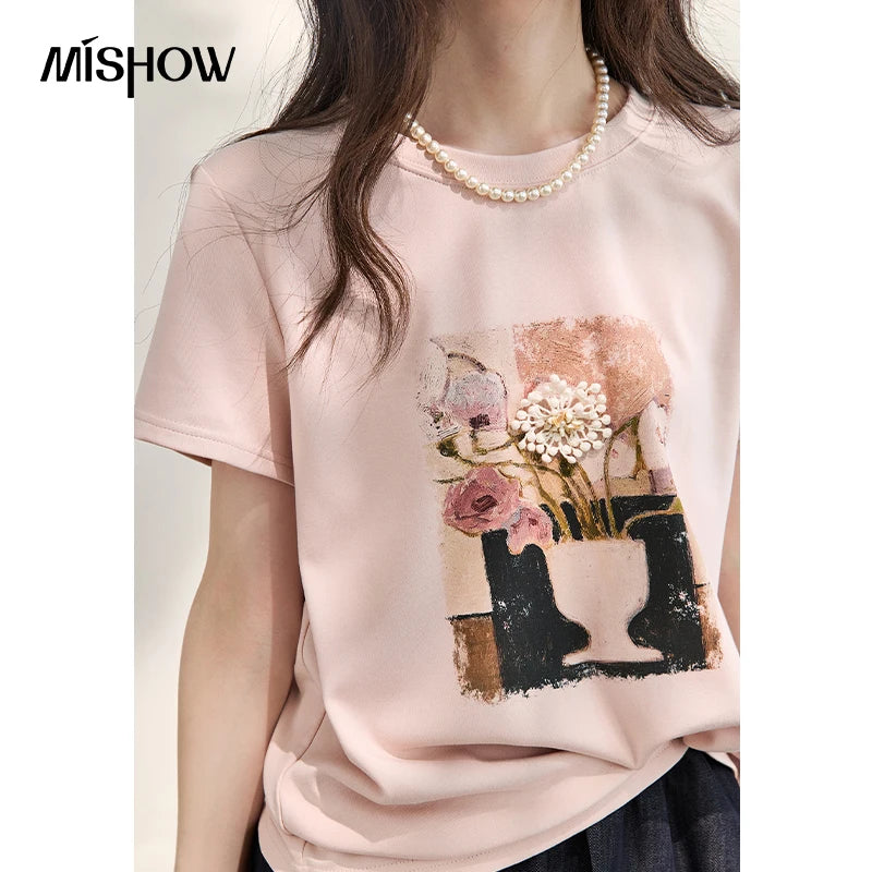 MISHOW Pink Short Sleeved T-Shirt Women's Oil Painting Print 2026 Summer Loose Tee Flower Applique Casual Design Top MXF27T1671