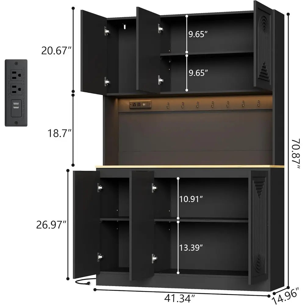 Large 71 Black Kitchen Pantry Cabinet with Adjustable Shelves, LED Light & Power Outlet, Ideal for Storage or Dining Room