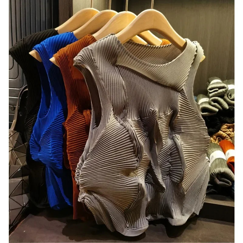Miyake Heavy Industry Japanese Age Reducing Flower Bud Aesthetic Design Folded Top Irregular Sleeveless Tank Top 2024 Summer New