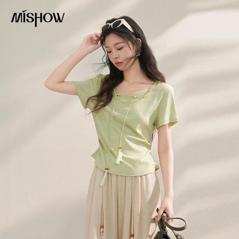 MISHOW Women Chinese Style Knit T-shirt 2026 New Summer Tassel Tie Waist Ruched Slim French Casual Daily Short Tops MXF16T1576
