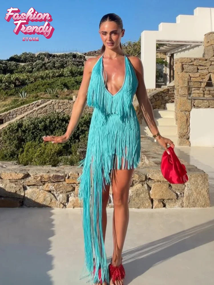Solid Off Shoulder Fringe Short Dress Women Halter Sexy Backless Layered Tassel Floor-length Dresses Lady Party Evening Gown New