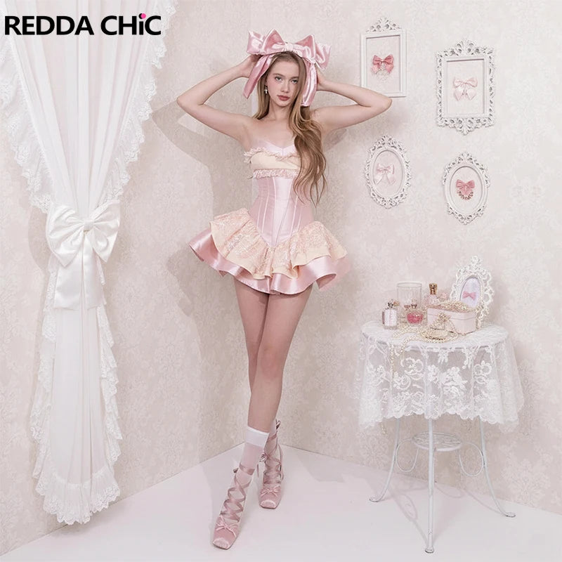 REDDACHiC Satin Coquette Women Tube Dress Strapless Lace Up Back Boned Tiered Ruffle Mini Dress Birthday Party Summer Clothes