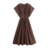 HH Female Summer Elegant Long Dress Solid V-Neck Short Sleeve Bow Lace-Up Single-Breasted Women's Fashion Casual Dress