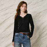 TOYOUTH Women T-shirt 2026 Winter New Lace Patch Fake Two Piece V Neck Cropped Fitted Top