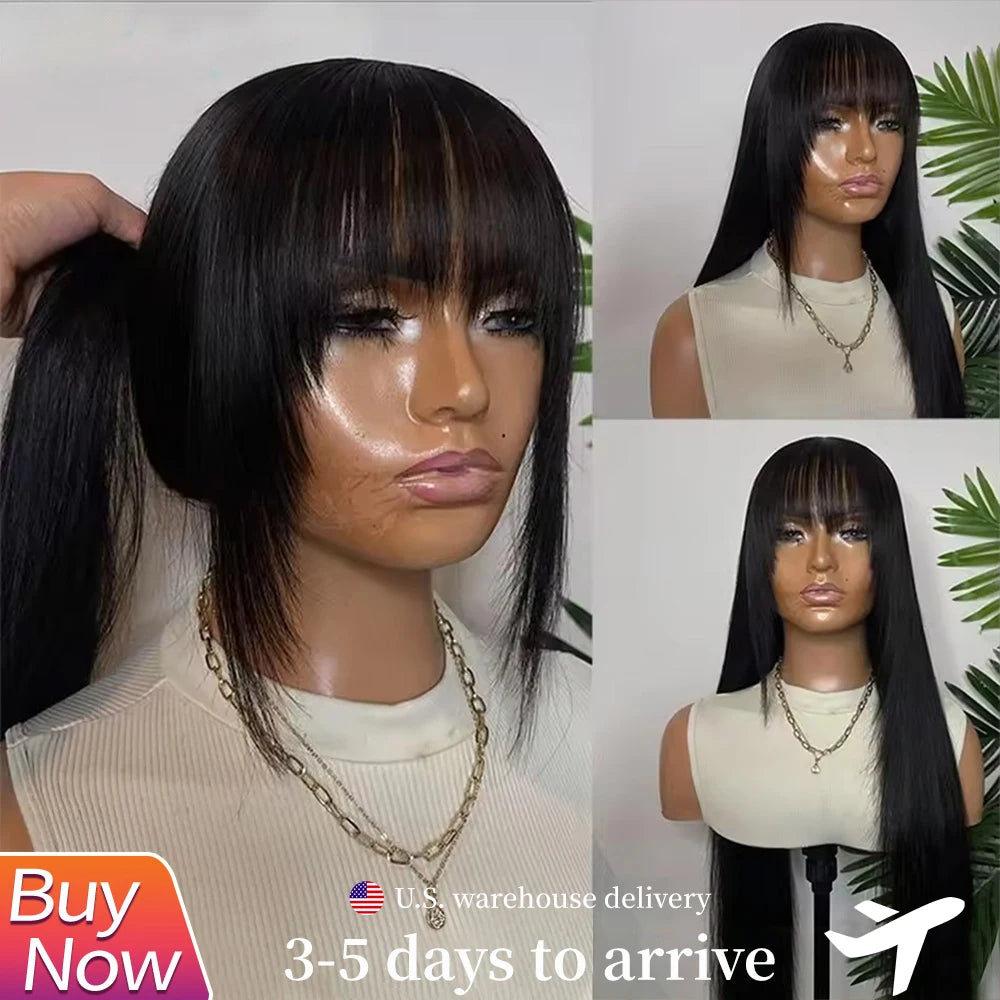 Bone Straight Human Hair Wig With Bangs 220 Density 30 Inch Brazilian 3x1 hd Lace Wigs Glueless Wig Human Hair Natural Baby Hair