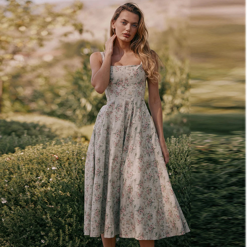 Suninheart Summer Elegant Lace Up Dress 2025 New Arrivals Floral Print Midi Dress Women Sexy Dress for Holiday Birthday