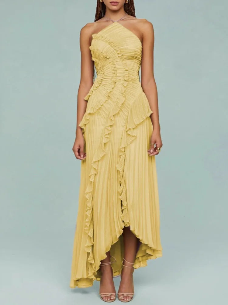 QMQA Fashion Women's Ruched Halter Strapless Backless Dresses Folds Irregular Spliced Ruffles Solid Elegant Dress 2026 New M1032