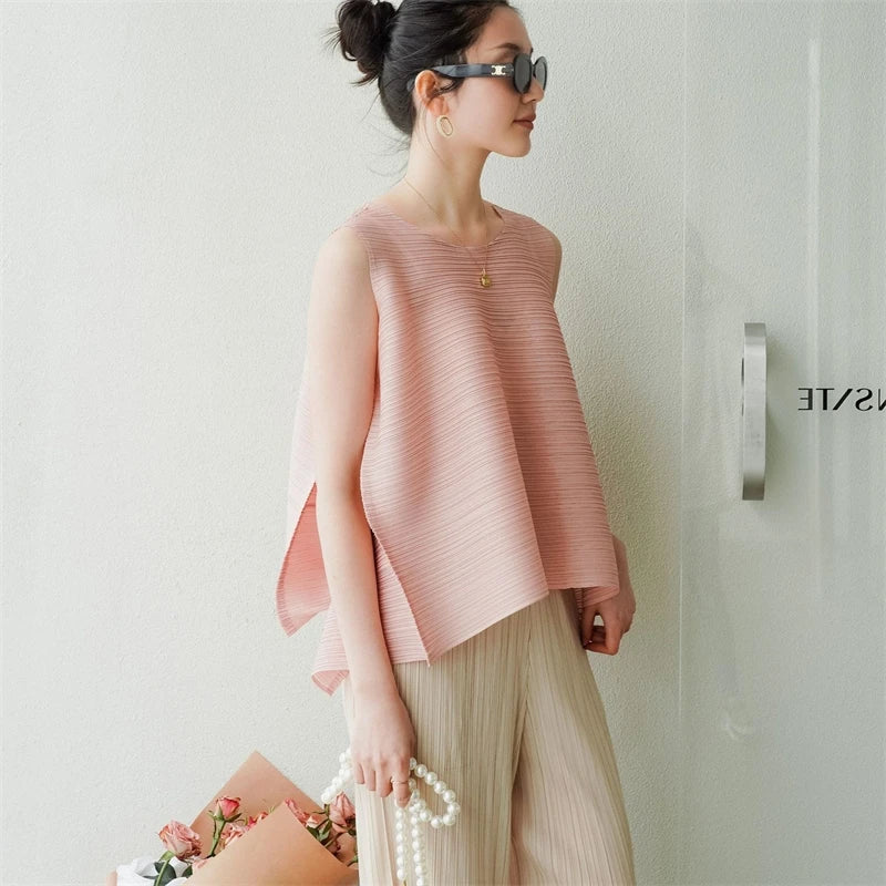 LANMREM High Quality 2026 Summer New Sleeveless Women's T-shirt Loose FRound Collar Tank Top Elastic Loose Clothing 2DB6803