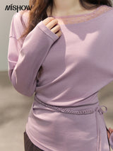 MISHOW Women's Mesh Wool Lace Polka Dot Splicing Tops 2026 Spring Boat Neck Slim Belt Twist Casual Solid T-Shirts MXF13Z3001