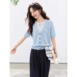 VIMLY Women's Office 2 in 1 Knit T-shirt 2026 Summer New Light Blue Fashion Casual Contrast Color Design Short Sleeve Top 30932