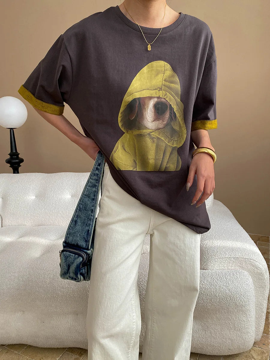 Spring women's casual cartoon printed round neck short sleeved loose T-shirt