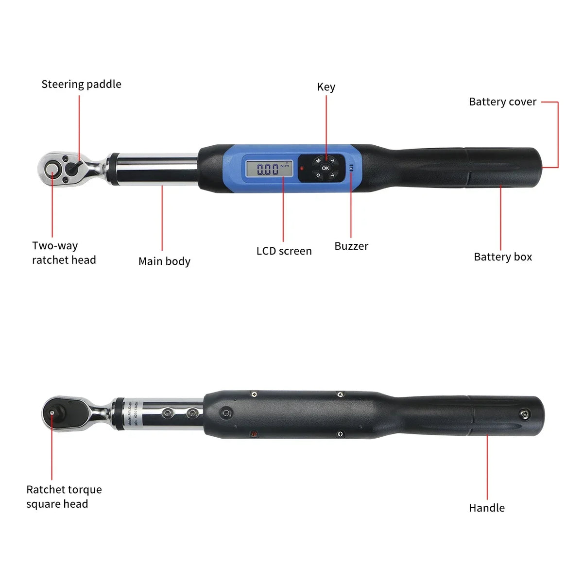 SHANHR 1/2'' Torque Wrench With Large Screen, Adjustable Wrench Bidirectional Ratchet Head Torque Wrench Digital Hand Tools